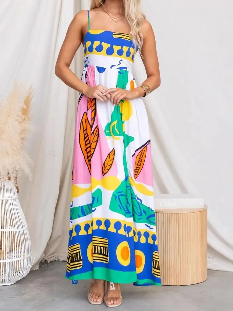 Juakoso Women Spaghetti Strap Maxi Dress Summer Sleeveless Flowy Long Dress Y2k Floral Print Vacation Beach Sundress