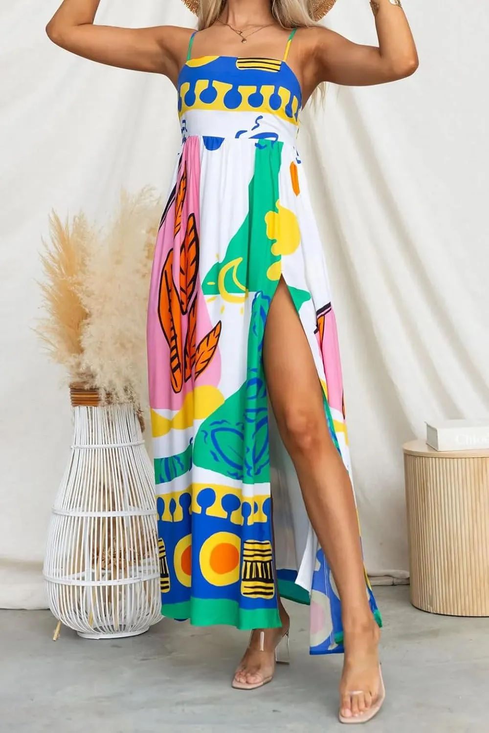 Juakoso Women Spaghetti Strap Maxi Dress Summer Sleeveless Flowy Long Dress Y2k Floral Print Vacation Beach Sundress