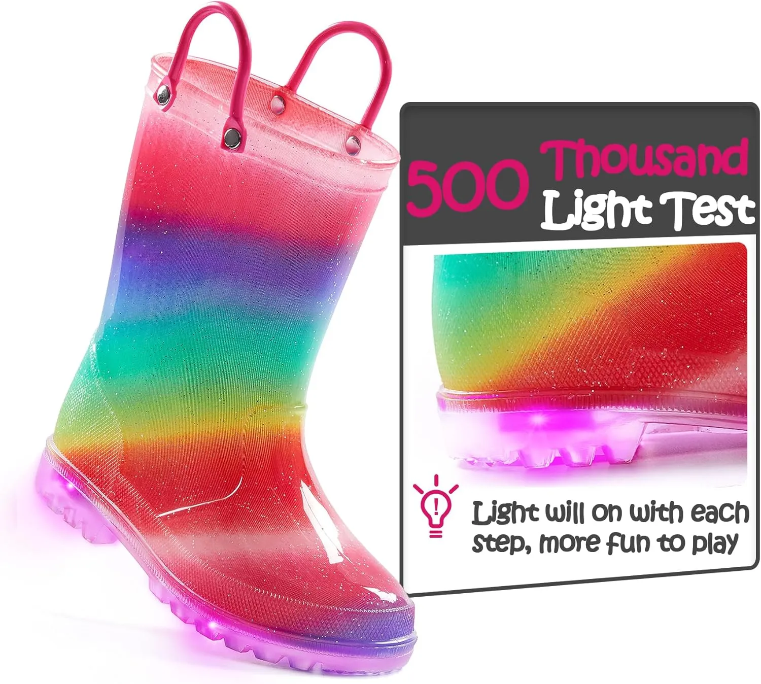 K KomForme Toddler Light Up Rain Boots for Girls Boys Waterproof Rain Boots with Handles Outdoors