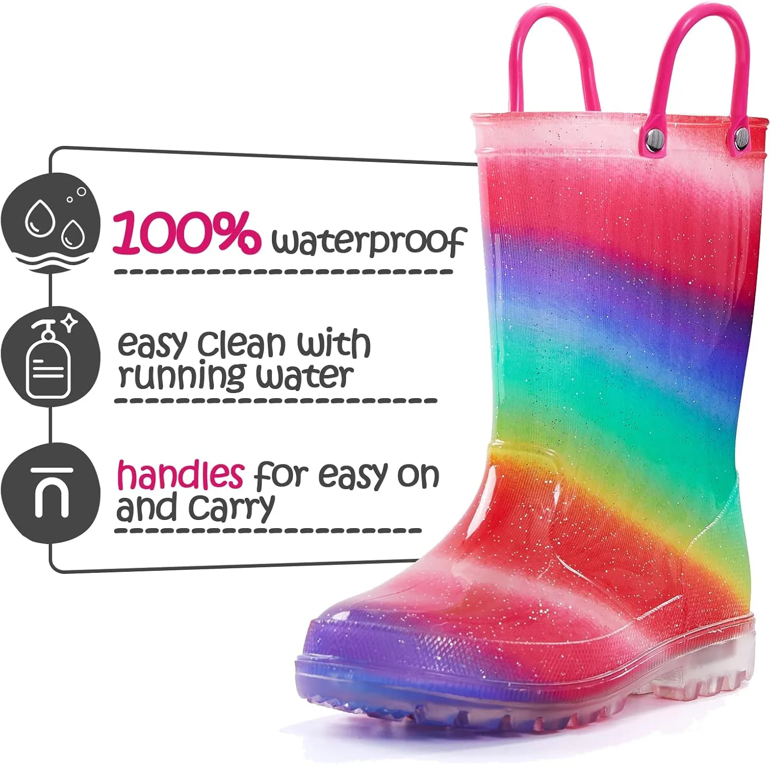 K KomForme Toddler Light Up Rain Boots for Girls Boys Waterproof Rain Boots with Handles Outdoors