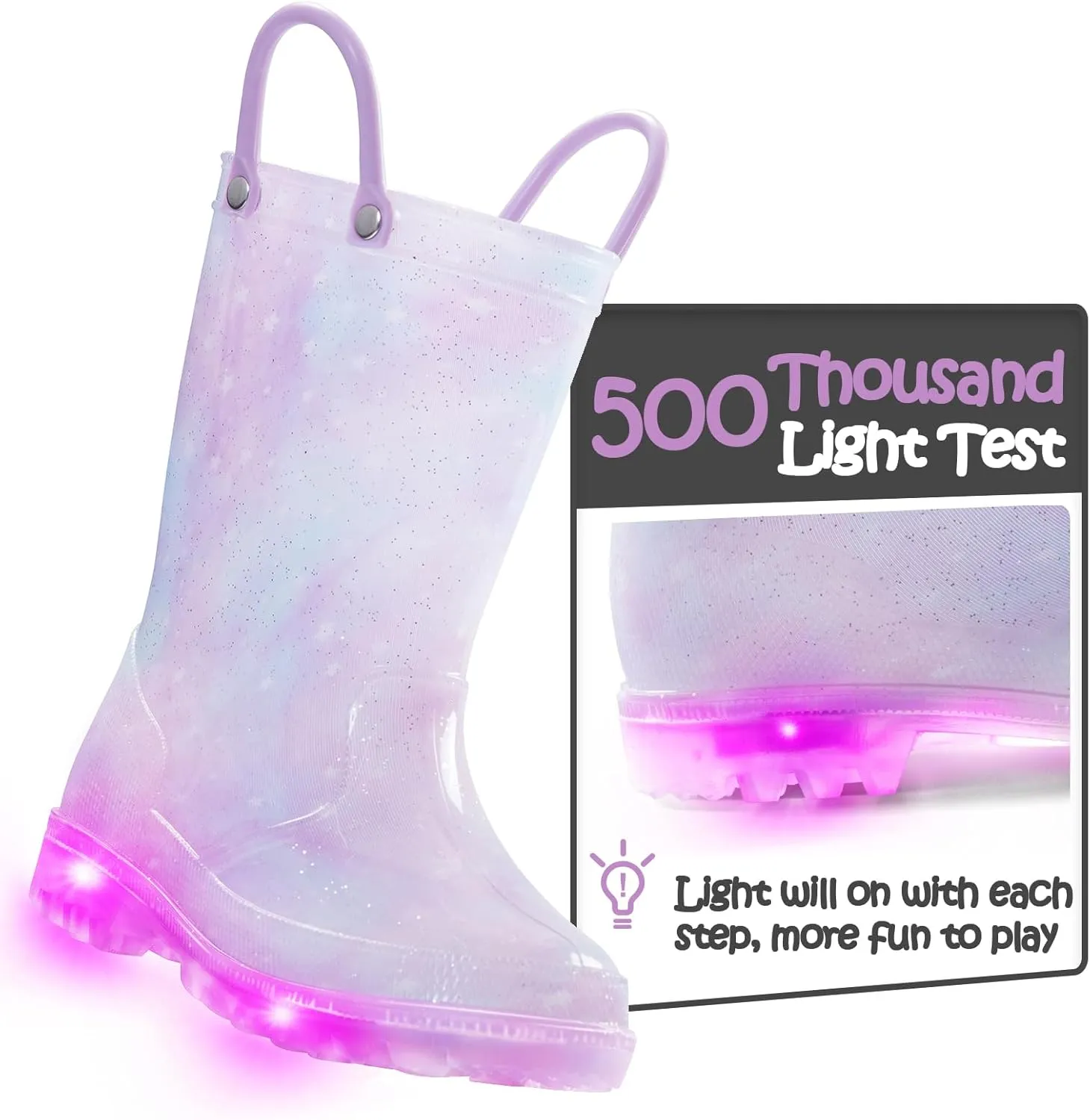 K KomForme Toddler Light Up Rain Boots for Girls Boys Waterproof Rain Boots with Handles Outdoors