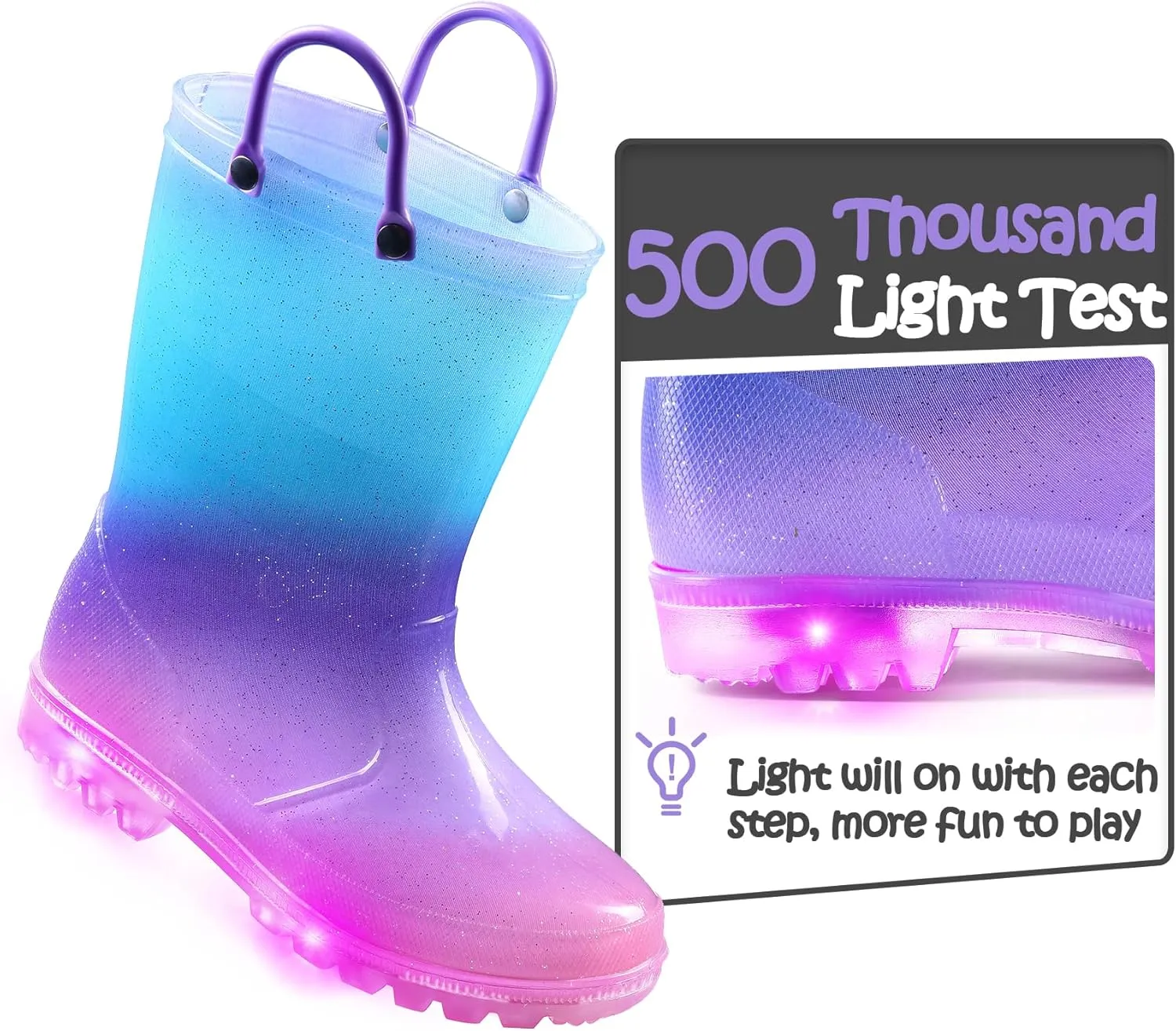 K KomForme Toddler Light Up Rain Boots for Girls Boys Waterproof Rain Boots with Handles Outdoors