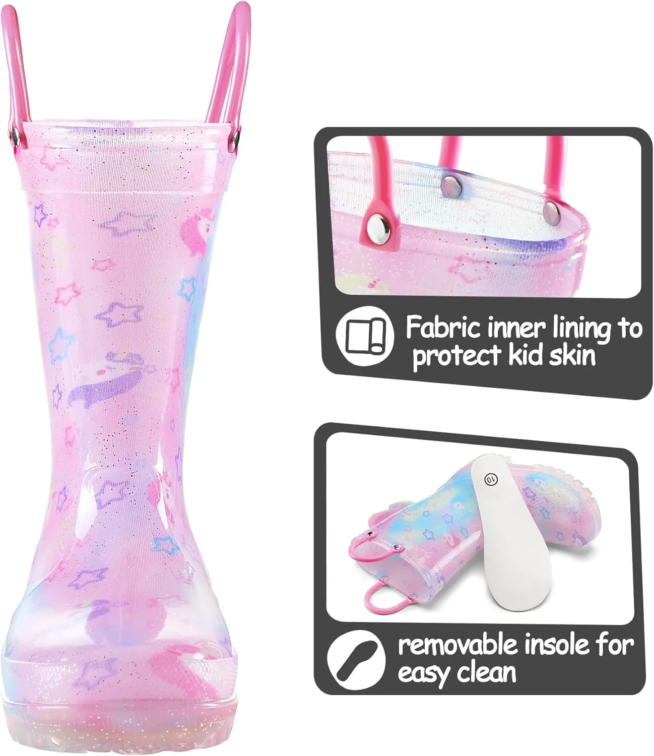 K KomForme Toddler Light Up Rain Boots for Girls Boys Waterproof Rain Boots with Handles Outdoors