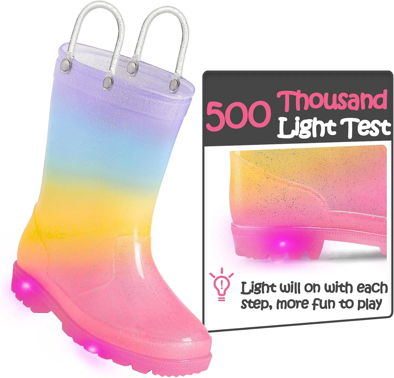K KomForme Toddler Light Up Rain Boots for Girls Boys Waterproof Rain Boots with Handles Outdoors