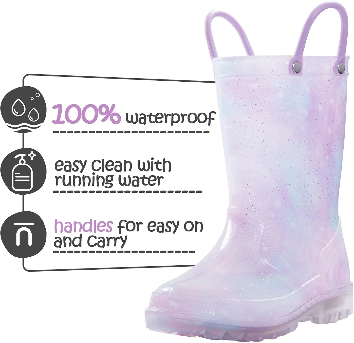 K KomForme Toddler Light Up Rain Boots for Girls Boys Waterproof Rain Boots with Handles Outdoors
