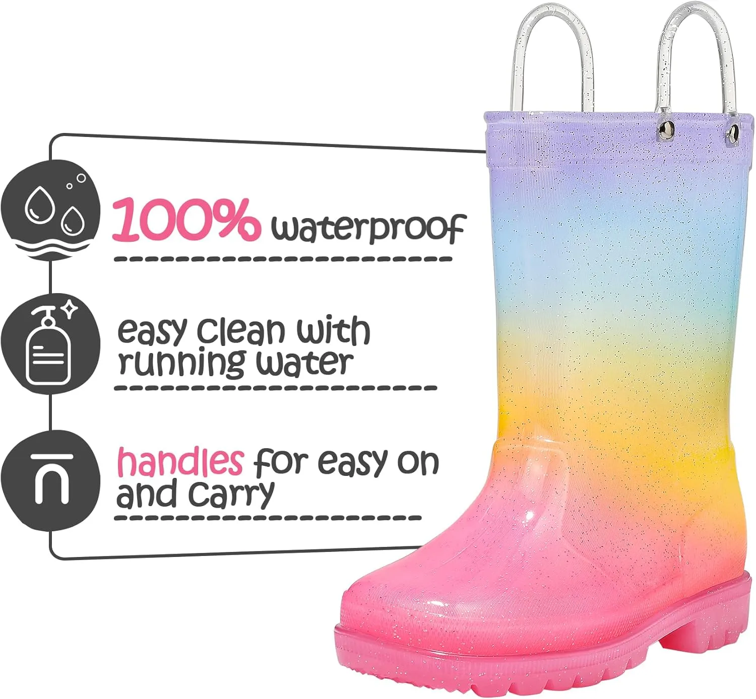 K KomForme Toddler Light Up Rain Boots for Girls Boys Waterproof Rain Boots with Handles Outdoors