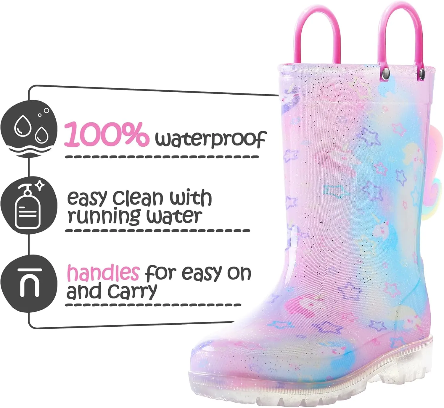 K KomForme Toddler Light Up Rain Boots for Girls Boys Waterproof Rain Boots with Handles Outdoors
