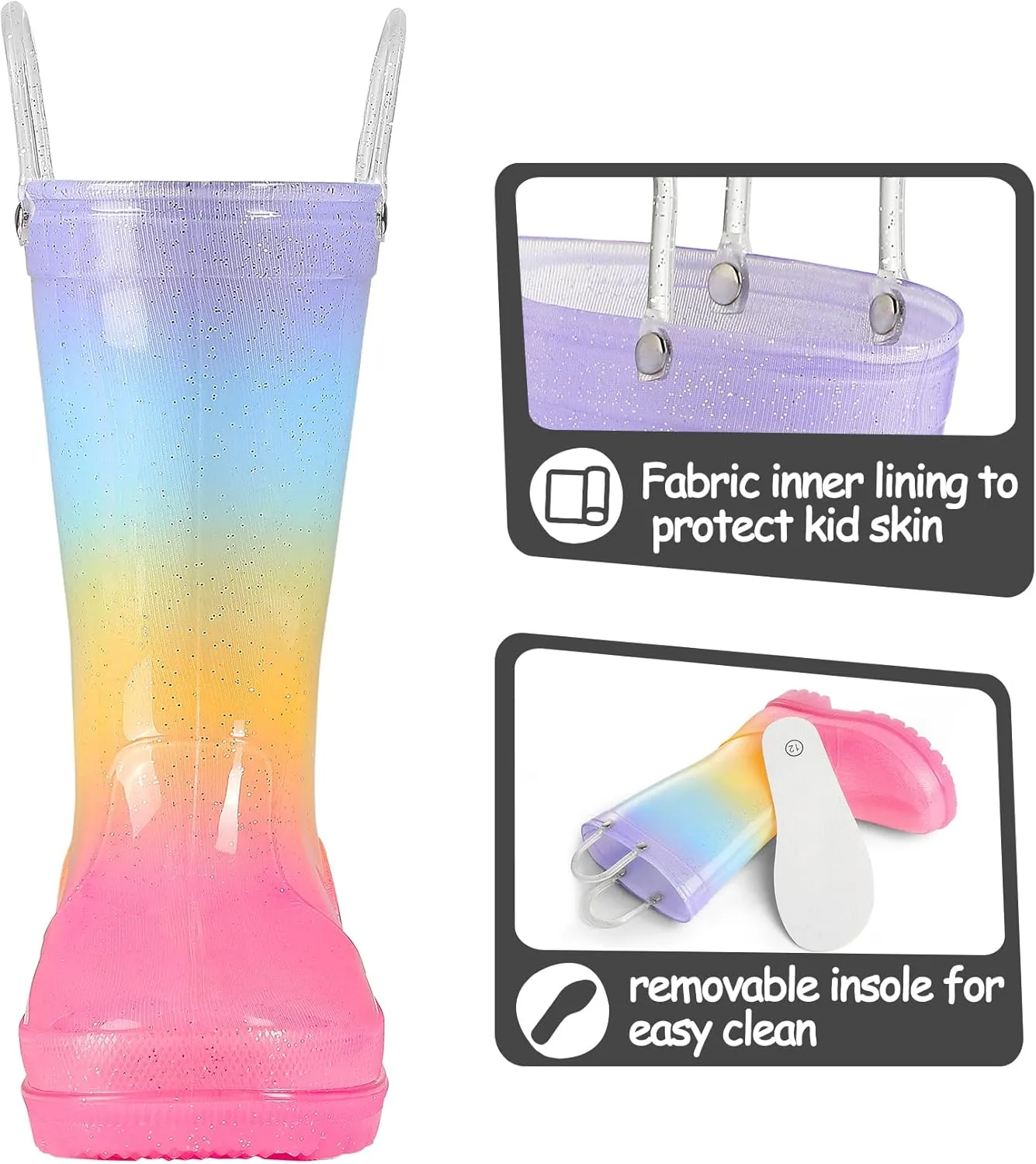 K KomForme Toddler Light Up Rain Boots for Girls Boys Waterproof Rain Boots with Handles Outdoors