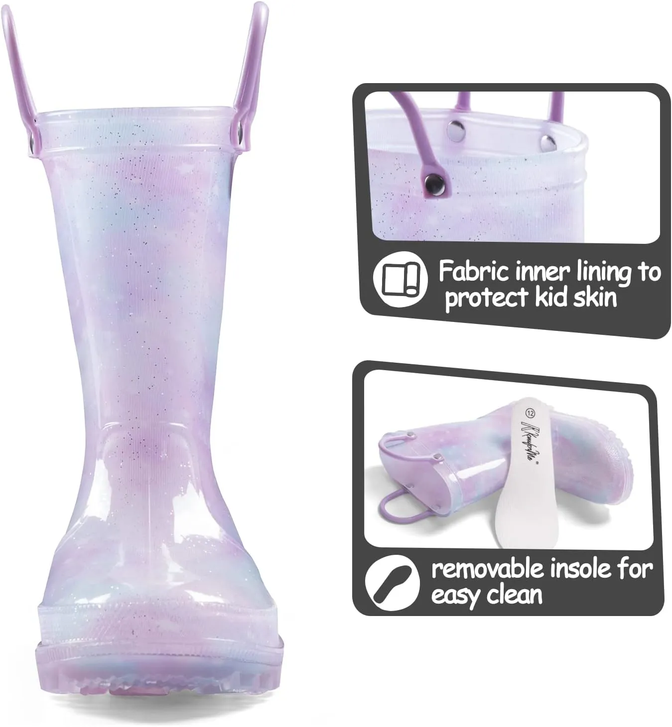 K KomForme Toddler Light Up Rain Boots for Girls Boys Waterproof Rain Boots with Handles Outdoors