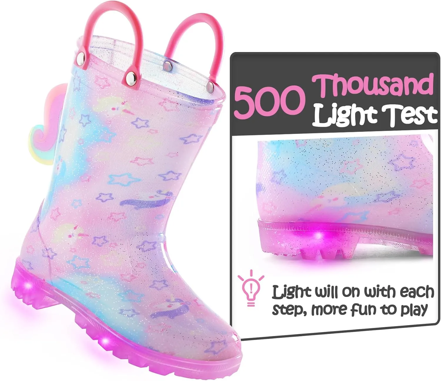 K KomForme Toddler Light Up Rain Boots for Girls Boys Waterproof Rain Boots with Handles Outdoors