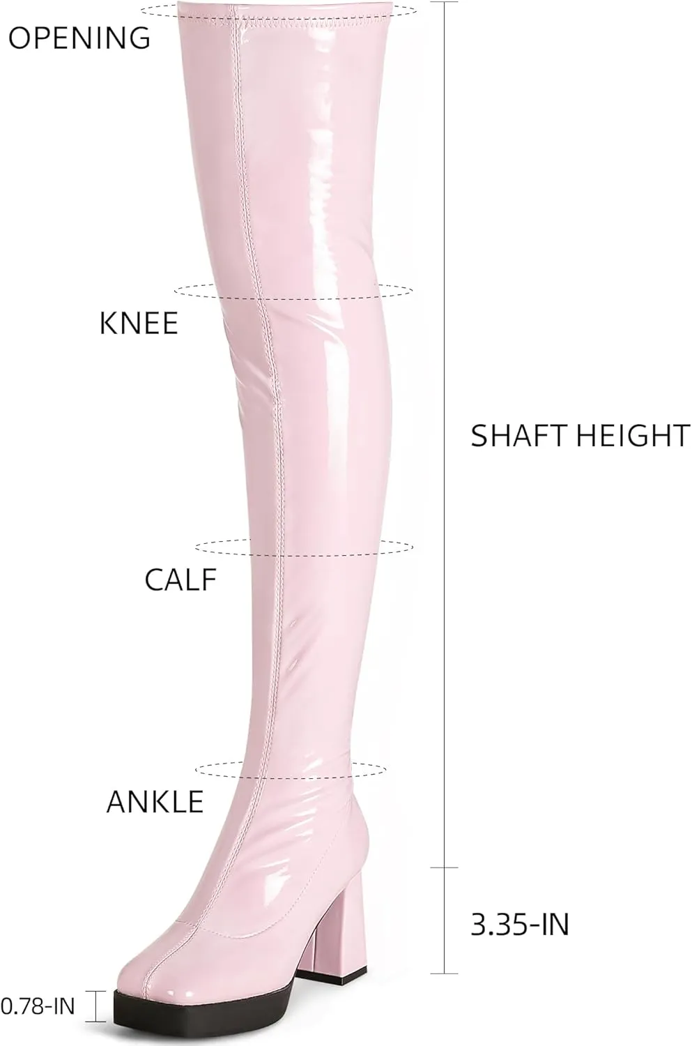 KHPAERMEI Platform Thigh High Boots Women GoGo Boots Square Toe Chunky Heels Patent Leather PU Over The Knee High Stretch Boots