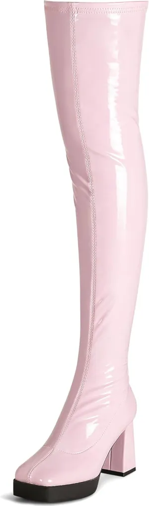 KHPAERMEI Platform Thigh High Boots Women GoGo Boots Square Toe Chunky Heels Patent Leather PU Over The Knee High Stretch Boots