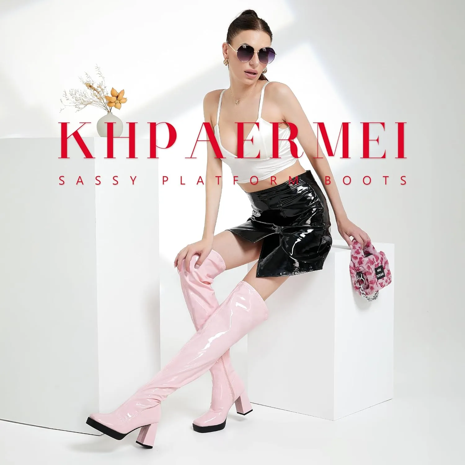 KHPAERMEI Platform Thigh High Boots Women GoGo Boots Square Toe Chunky Heels Patent Leather PU Over The Knee High Stretch Boots