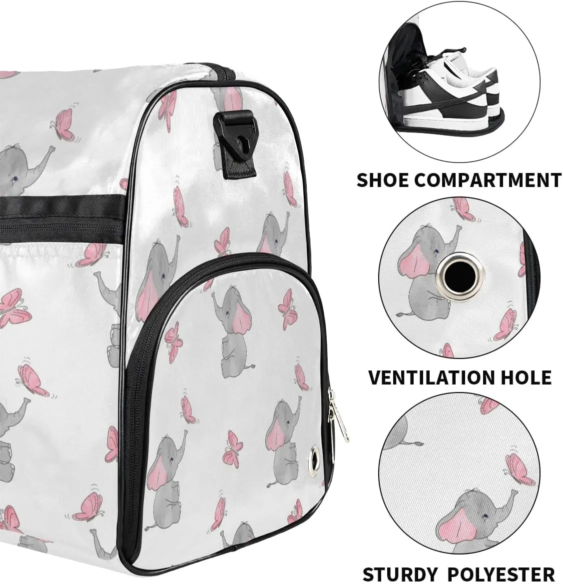 Kids Overnighter Duffel Bags for Boys Girls, Pink Butterfly Elephant Carry-On Size Sports Gym Bag with Shoe Compartments for School Practice or Overnight Travel Weekender Sleepover Tote Bag