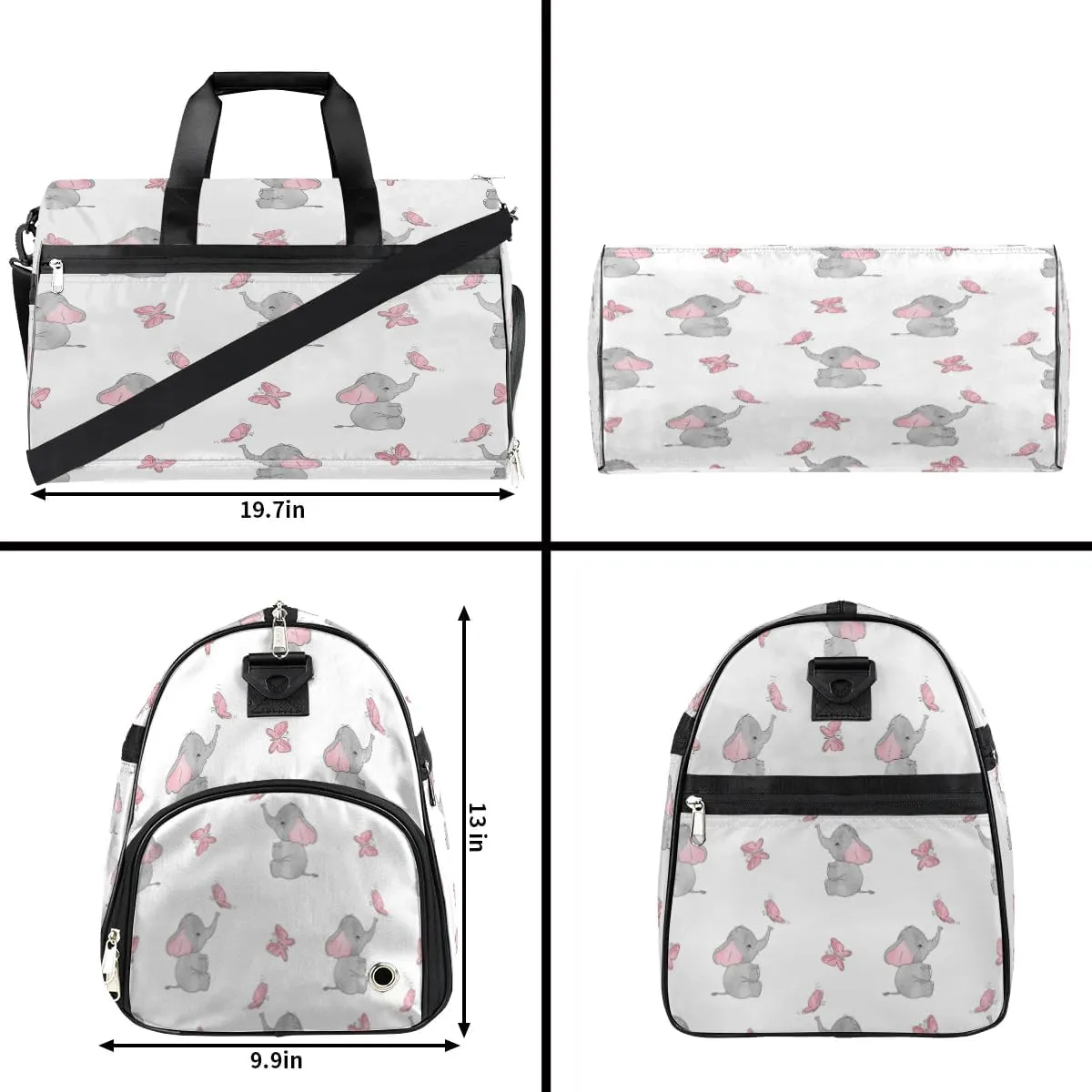 Kids Overnighter Duffel Bags for Boys Girls, Pink Butterfly Elephant Carry-On Size Sports Gym Bag with Shoe Compartments for School Practice or Overnight Travel Weekender Sleepover Tote Bag