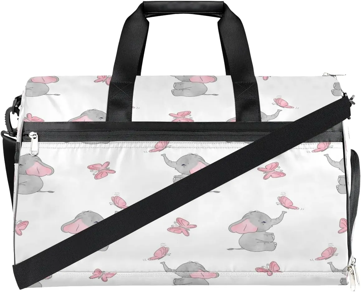 Kids Overnighter Duffel Bags for Boys Girls, Pink Butterfly Elephant Carry-On Size Sports Gym Bag with Shoe Compartments for School Practice or Overnight Travel Weekender Sleepover Tote Bag