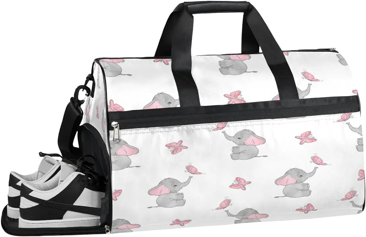 Kids Overnighter Duffel Bags for Boys Girls, Pink Butterfly Elephant Carry-On Size Sports Gym Bag with Shoe Compartments for School Practice or Overnight Travel Weekender Sleepover Tote Bag
