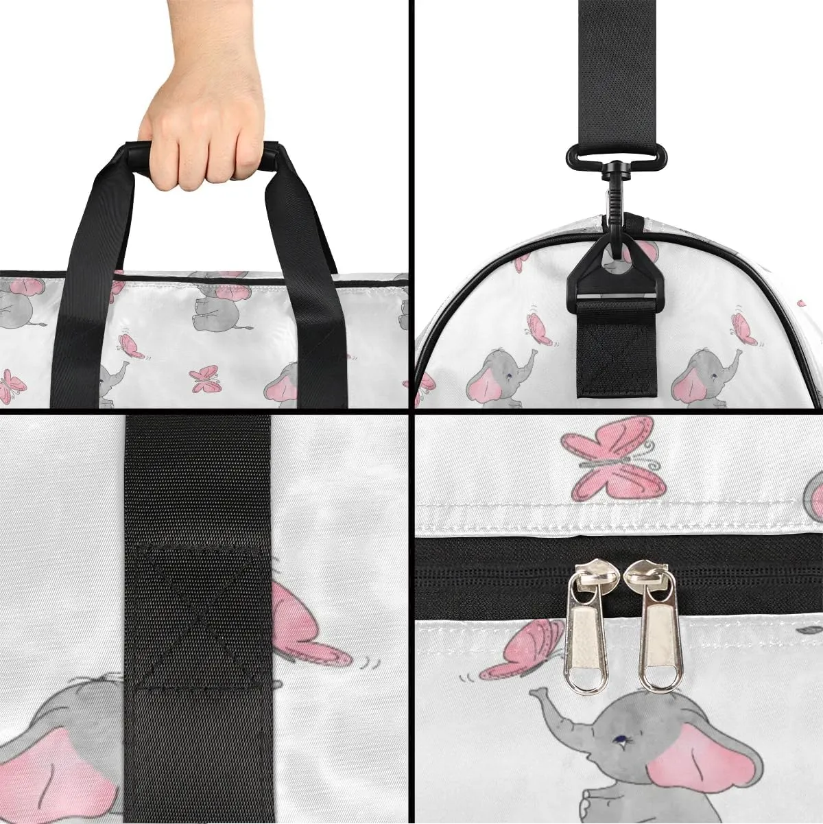 Kids Overnighter Duffel Bags for Boys Girls, Pink Butterfly Elephant Carry-On Size Sports Gym Bag with Shoe Compartments for School Practice or Overnight Travel Weekender Sleepover Tote Bag