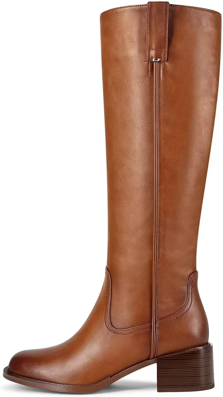 Knee High Boots For Women Chunky Heel Round Toe Leather Patent Boots Low Block Heel Tall Boots With Side Zipper