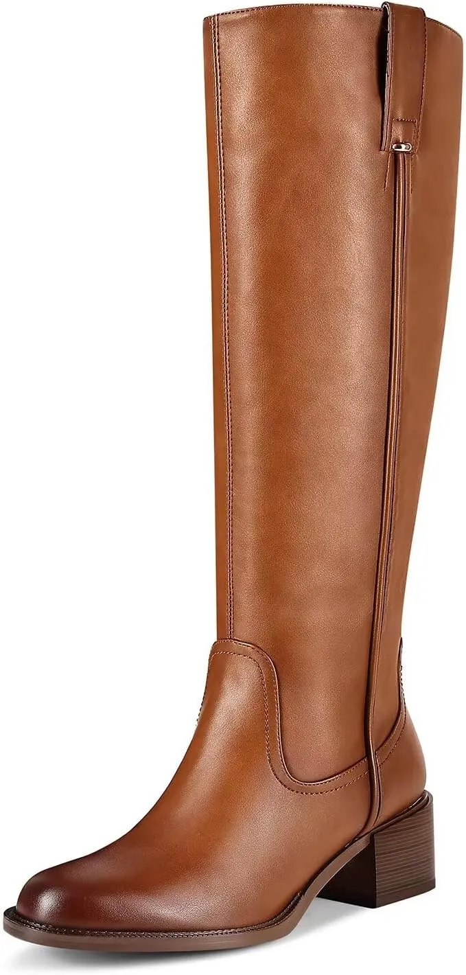 Knee High Boots For Women Chunky Heel Round Toe Leather Patent Boots Low Block Heel Tall Boots With Side Zipper