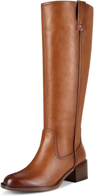 Knee High Boots For Women Chunky Heel Round Toe Leather Patent Boots Low Block Heel Tall Boots With Side Zipper