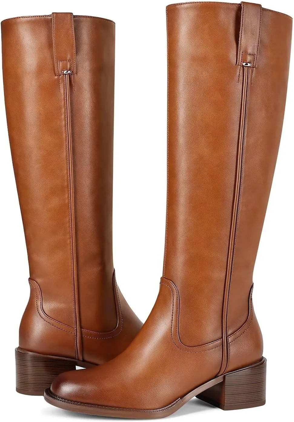 Knee High Boots For Women Chunky Heel Round Toe Leather Patent Boots Low Block Heel Tall Boots With Side Zipper
