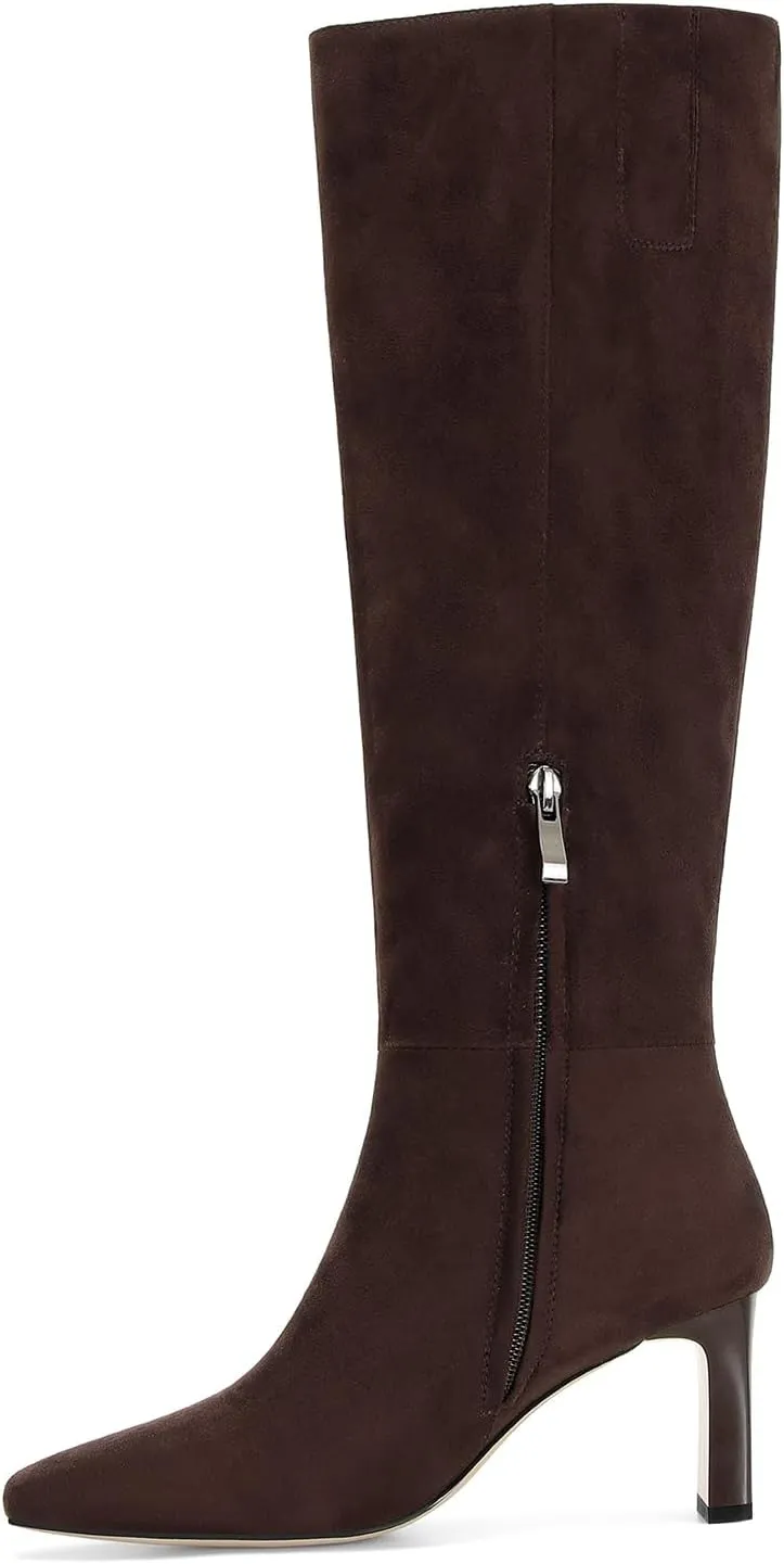 Knee High Boots for Women Square Toe Chunky Heeled Wide Calf Boots with Side Zipper Fall Dress Elastic Tall Boots