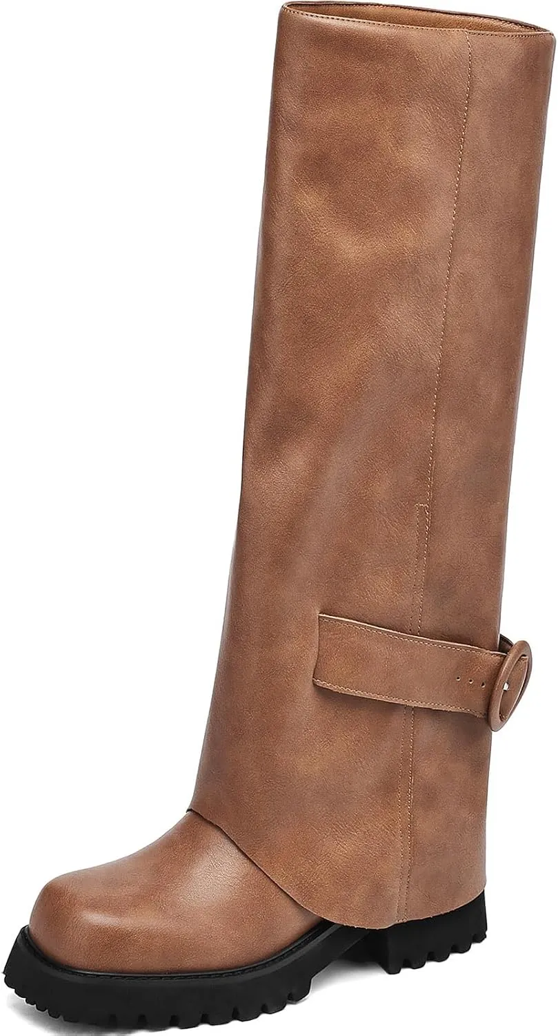 Knee High Boots Women Platform Knee High Boots for Women Square Toe Fold Over Dress Long Tall Boots