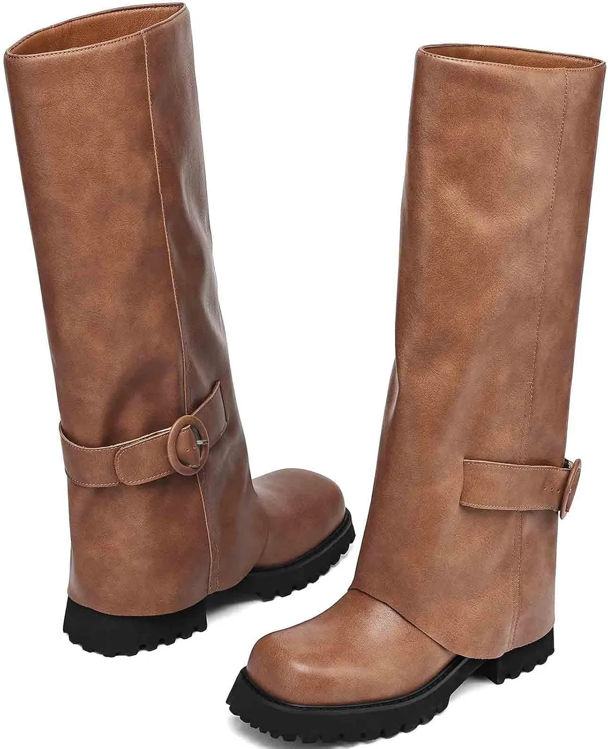 Knee High Boots Women Platform Knee High Boots for Women Square Toe Fold Over Dress Long Tall Boots