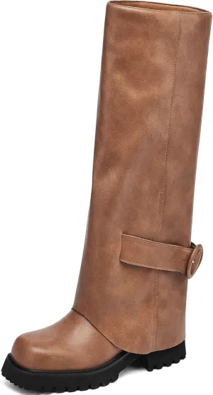 Knee High Boots Women Platform Knee High Boots for Women Square Toe Fold Over Dress Long Tall Boots