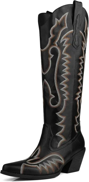 Knee High Embroidered Cowboy Boots Women Wide Calf Boots With Half Zip Western Pointed Toe Cowgirl Boots For Lady Size 6-11