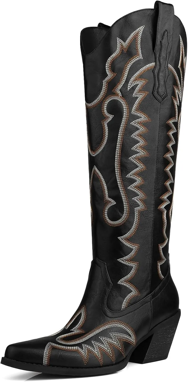 Knee High Embroidered Cowboy Boots Women Wide Calf Boots With Half Zip Western Pointed Toe Cowgirl Boots For Lady Size 6-11