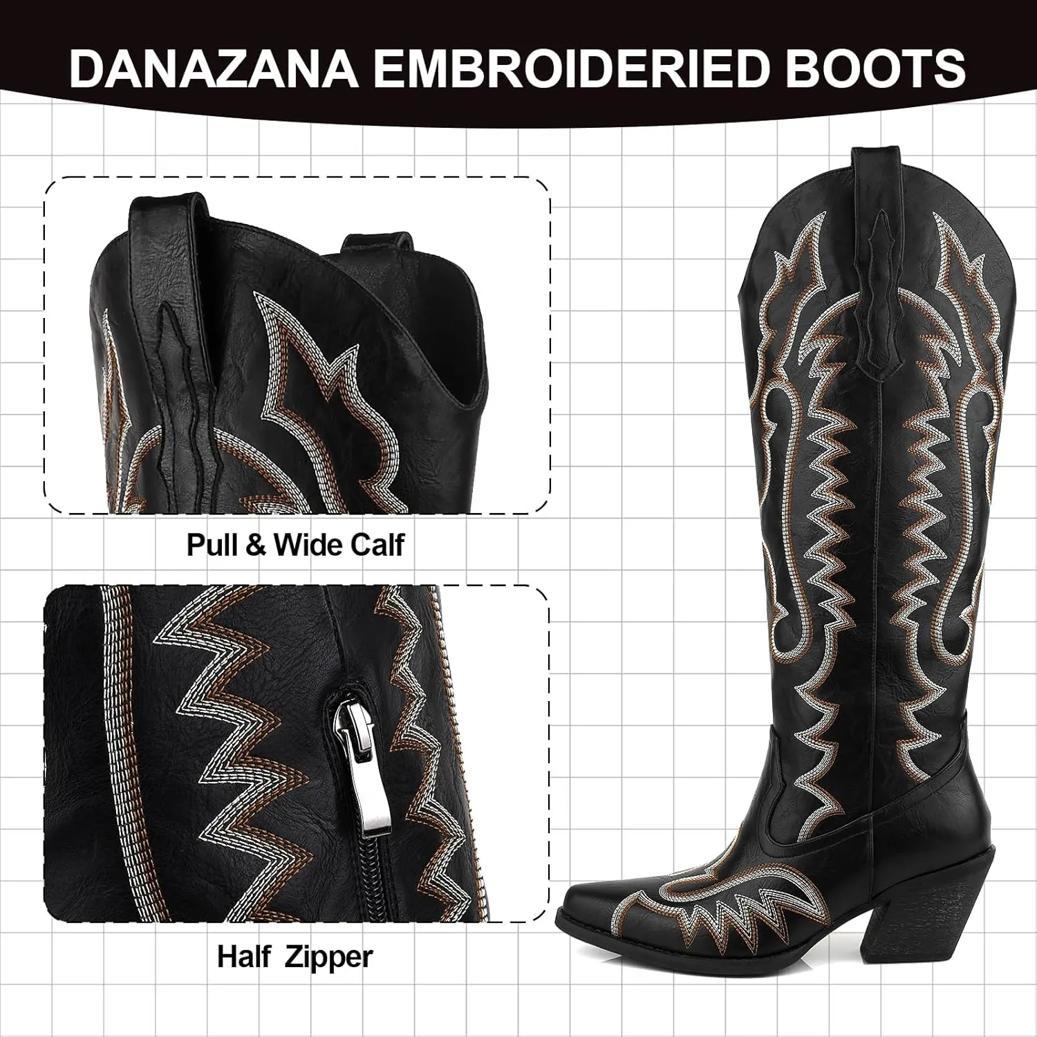 Knee High Embroidered Cowboy Boots Women Wide Calf Boots With Half Zip Western Pointed Toe Cowgirl Boots For Lady Size 6-11