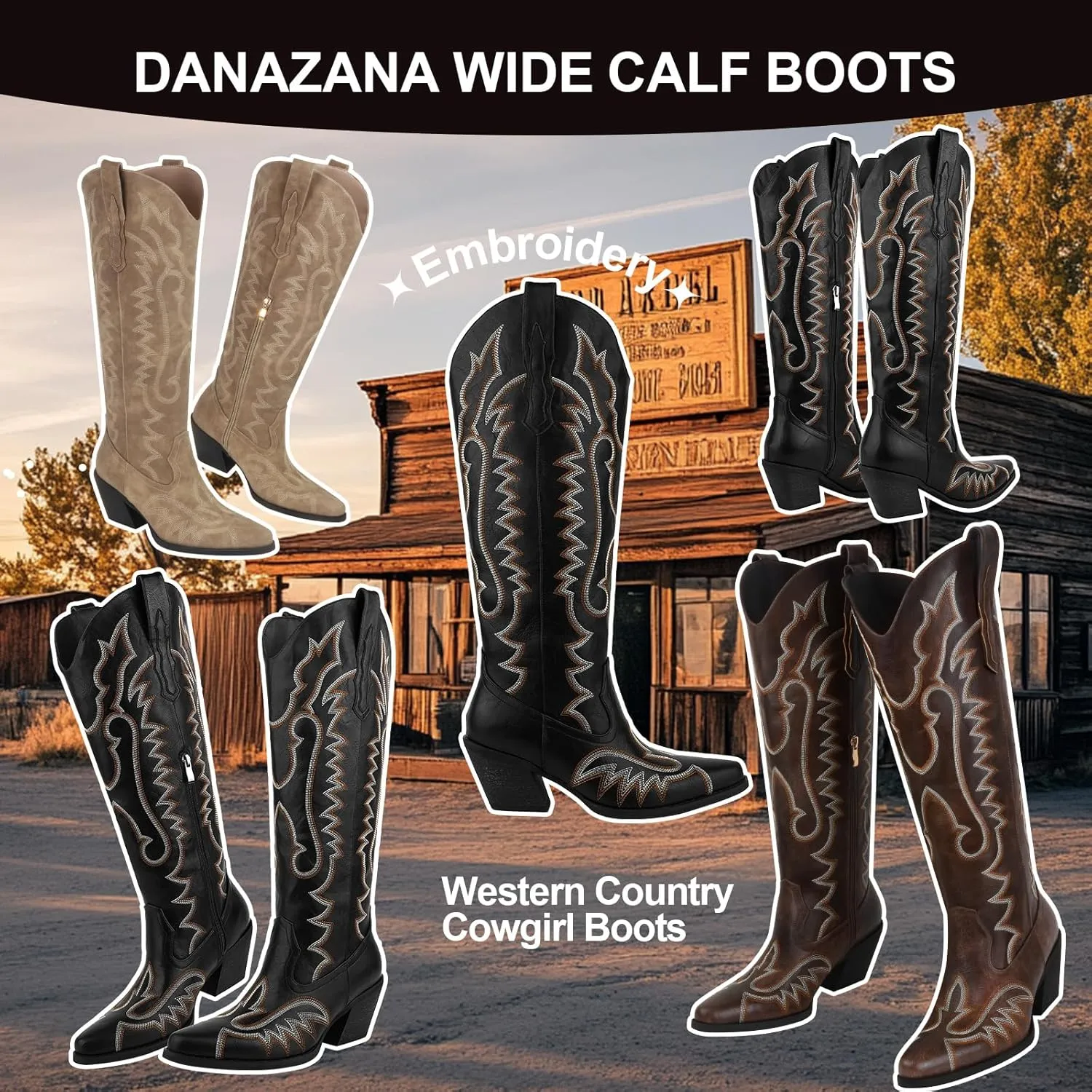 Knee High Embroidered Cowboy Boots Women Wide Calf Boots With Half Zip Western Pointed Toe Cowgirl Boots For Lady Size 6-11