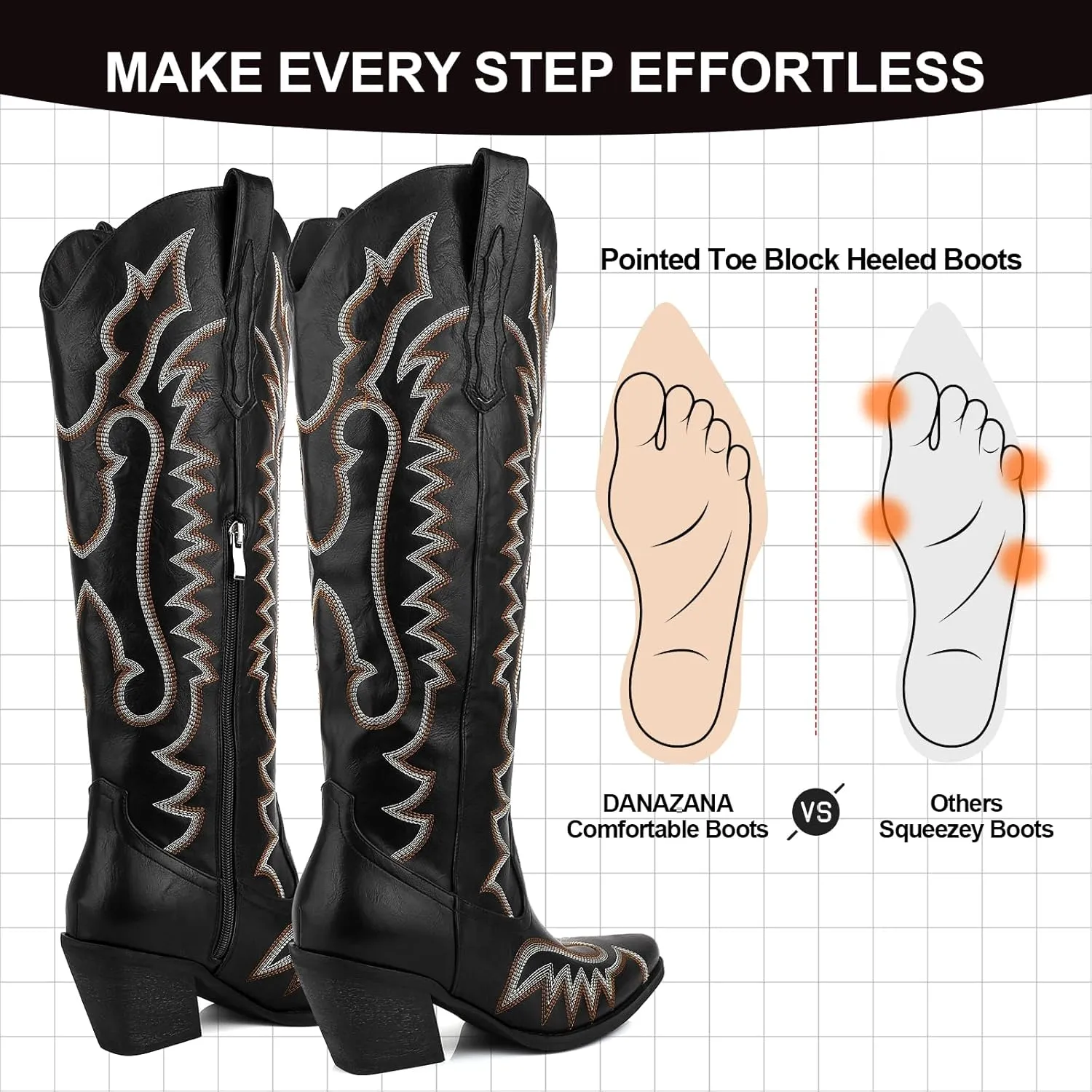 Knee High Embroidered Cowboy Boots Women Wide Calf Boots With Half Zip Western Pointed Toe Cowgirl Boots For Lady Size 6-11