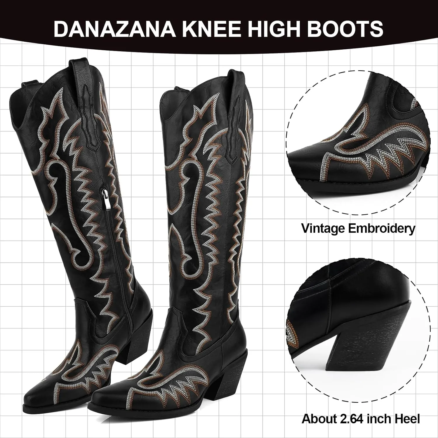 Knee High Embroidered Cowboy Boots Women Wide Calf Boots With Half Zip Western Pointed Toe Cowgirl Boots For Lady Size 6-11