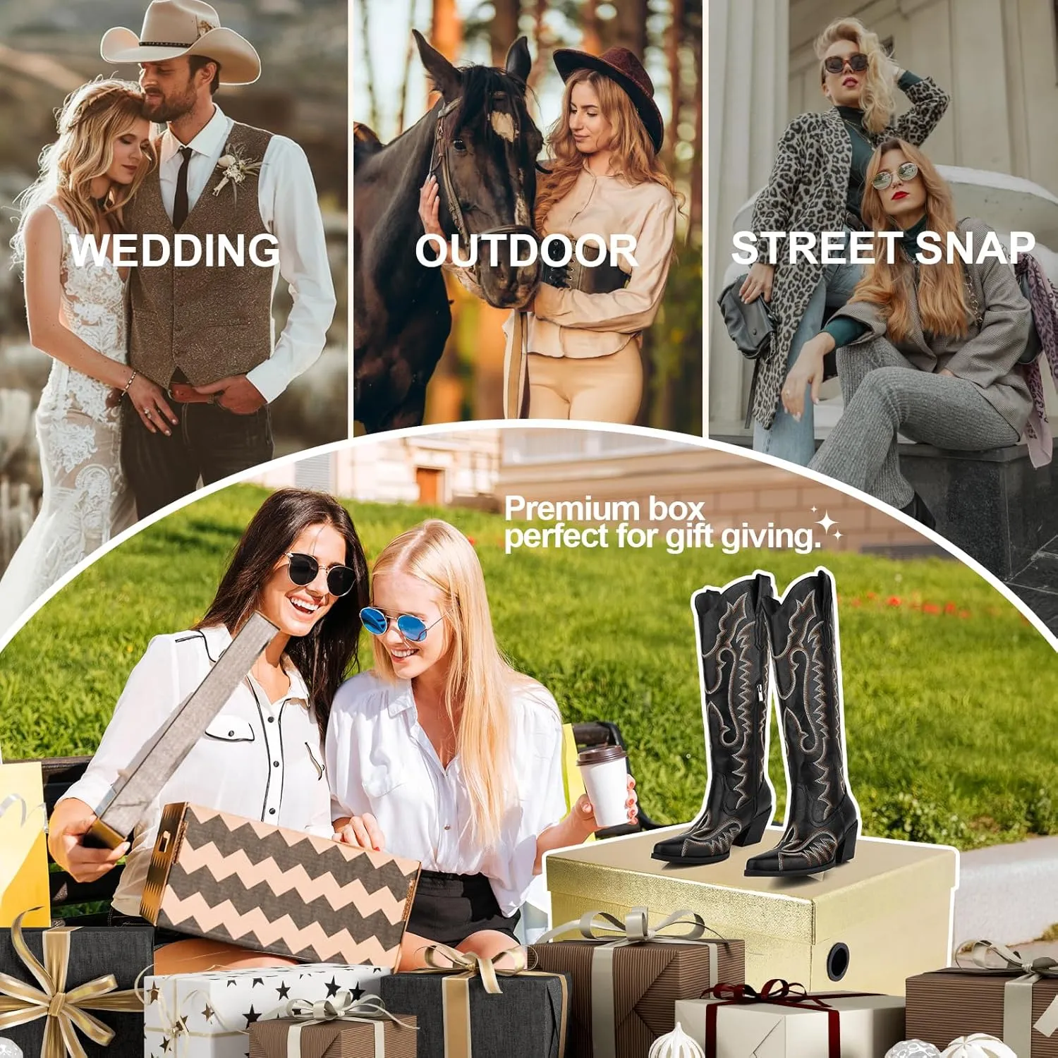 Knee High Embroidered Cowboy Boots Women Wide Calf Boots With Half Zip Western Pointed Toe Cowgirl Boots For Lady Size 6-11