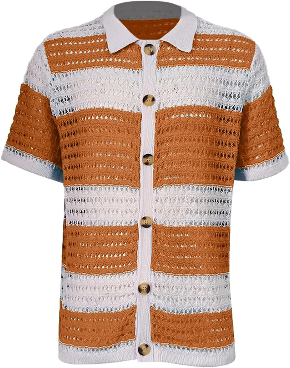 Knitted Button Down Shirt for Men Hollow Out Short Sleeve Lapel Collar Vintage Polo Shirts Summer Casual Beach Tops