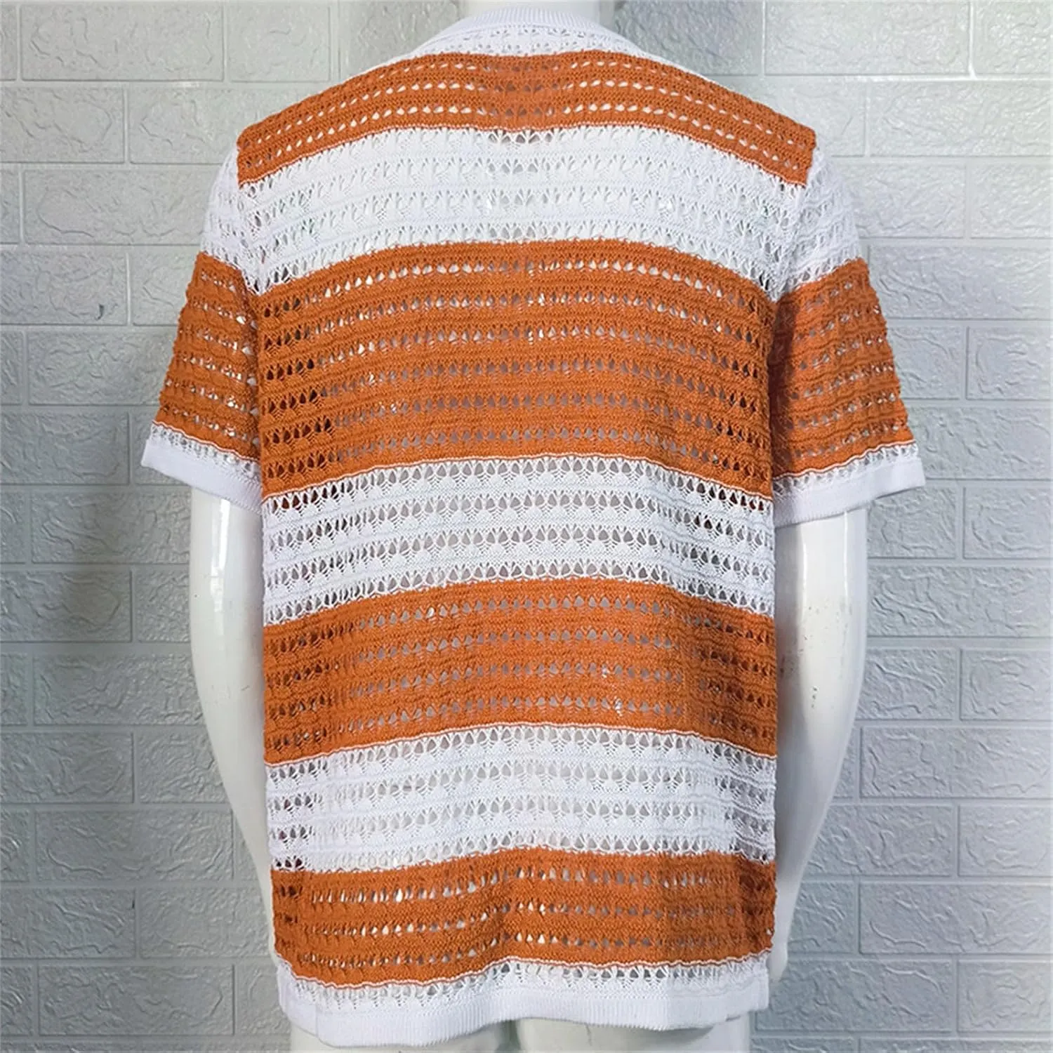 Knitted Button Down Shirt for Men Hollow Out Short Sleeve Lapel Collar Vintage Polo Shirts Summer Casual Beach Tops