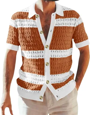Knitted Button Down Shirt for Men Hollow Out Short Sleeve Lapel Collar Vintage Polo Shirts Summer Casual Beach Tops