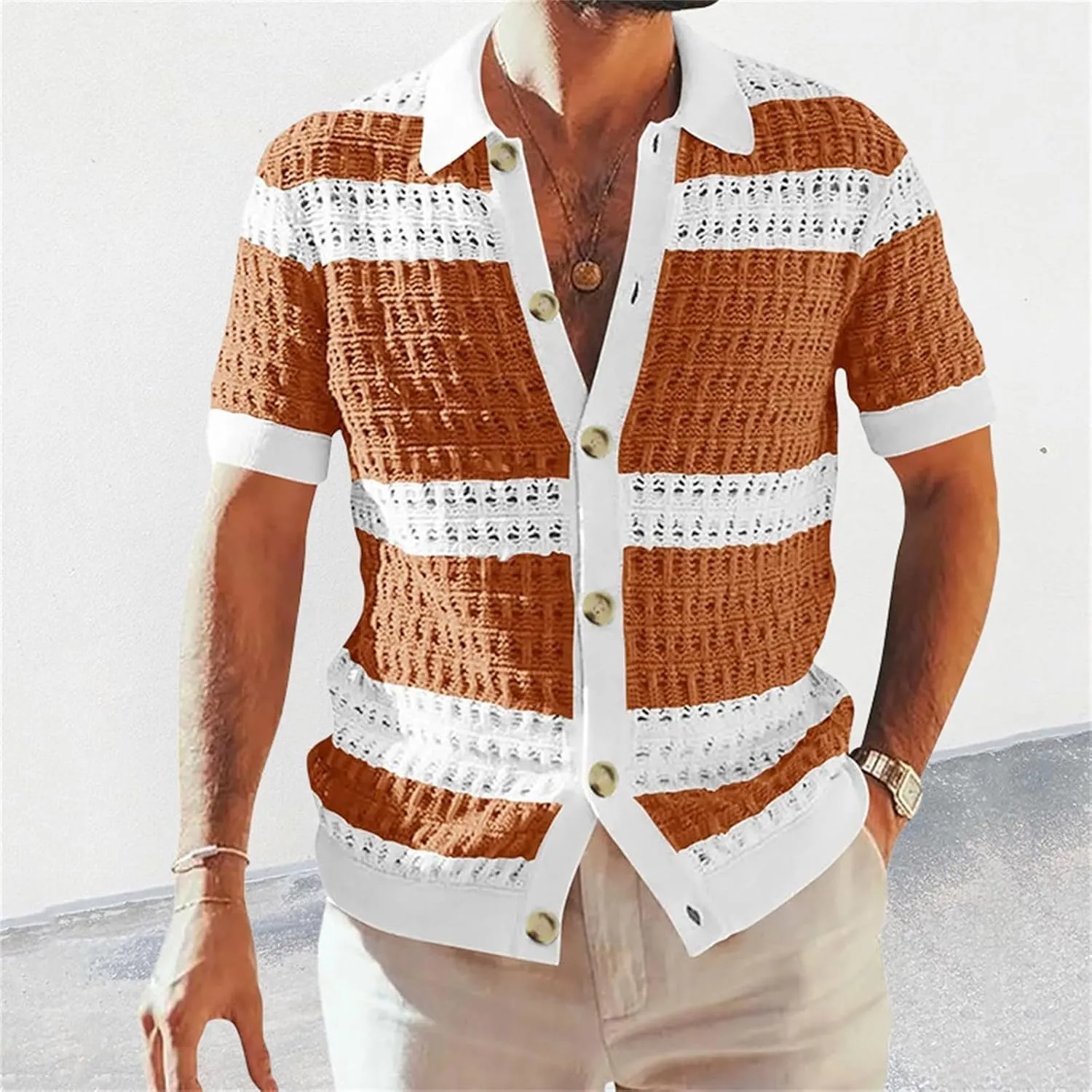Knitted Button Down Shirt for Men Hollow Out Short Sleeve Lapel Collar Vintage Polo Shirts Summer Casual Beach Tops
