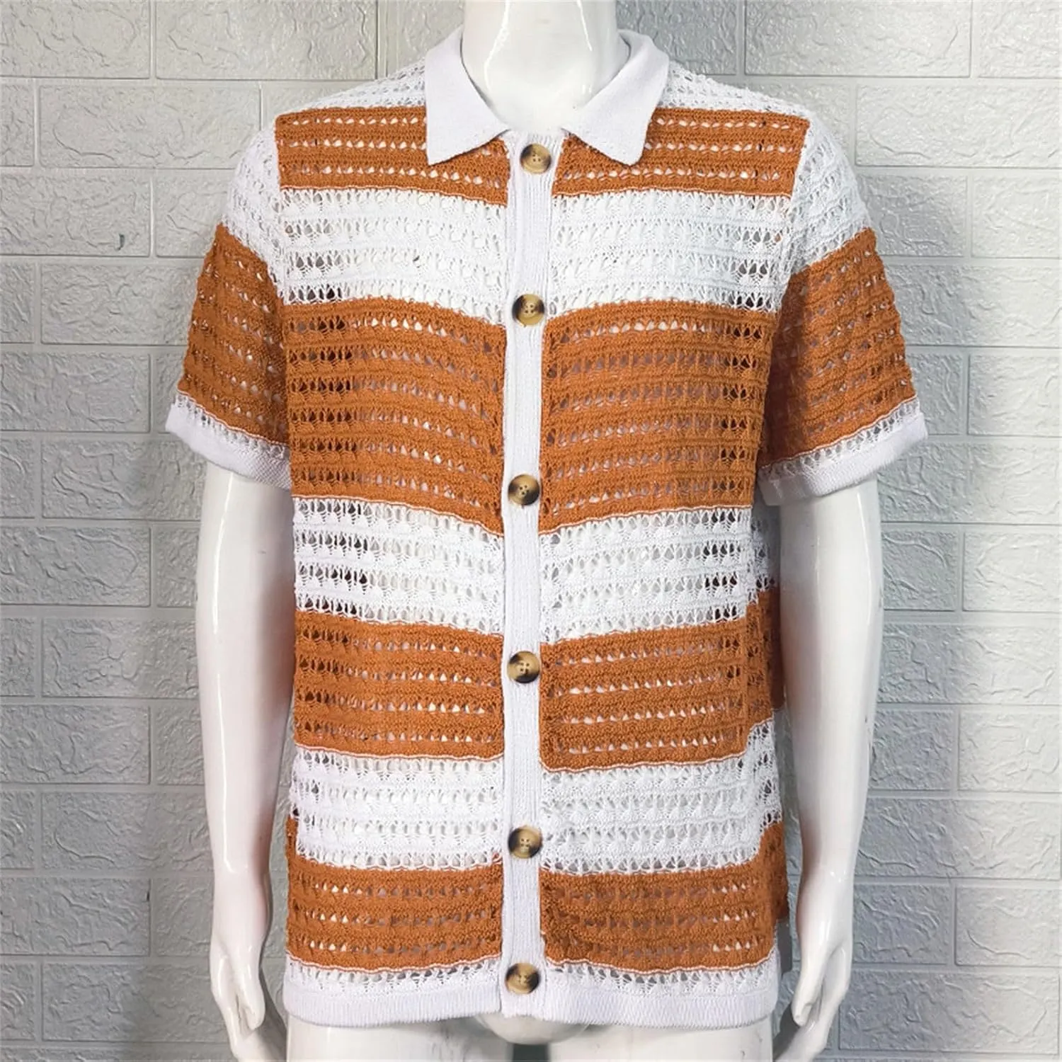 Knitted Button Down Shirt for Men Hollow Out Short Sleeve Lapel Collar Vintage Polo Shirts Summer Casual Beach Tops