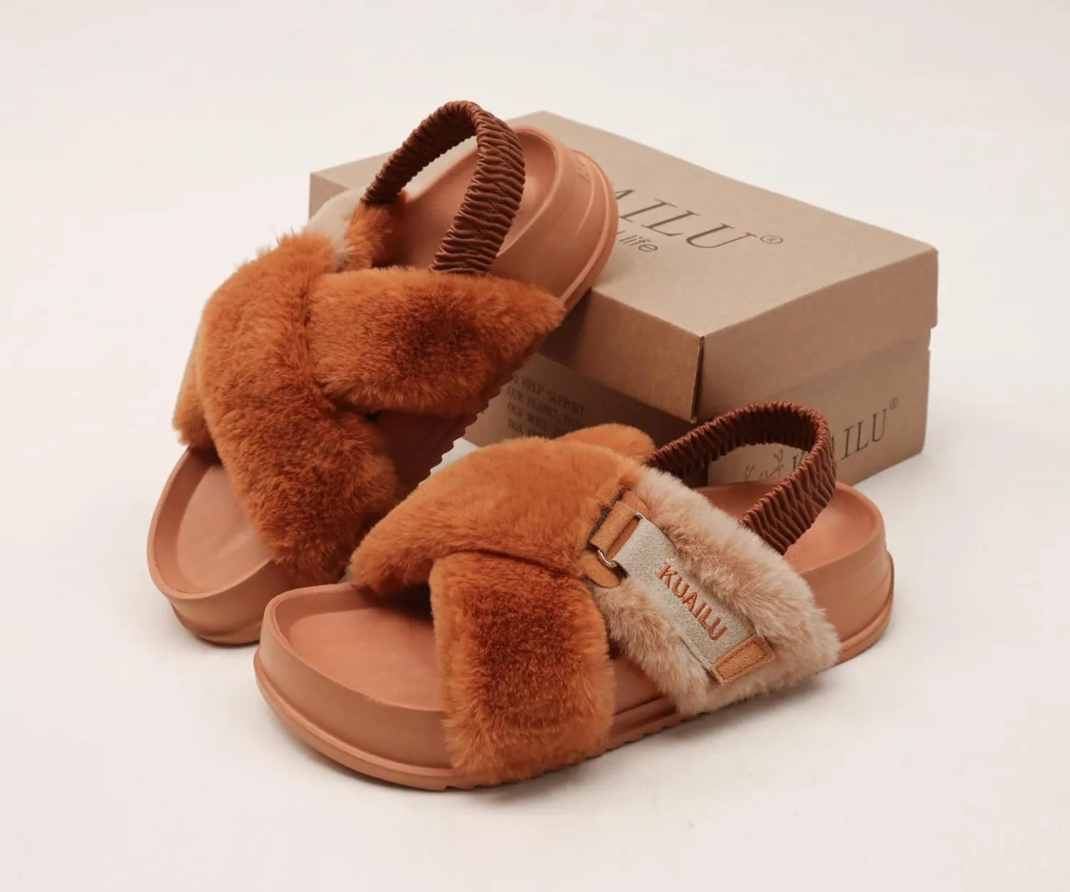 KuaiLu Womens Fuzzy Criss Cross Band Platform Slippers Arch Support Furry Faux Fur Ladies Open Toe Cozy Soft Plush Fleece Comfy House Shoes Sandals