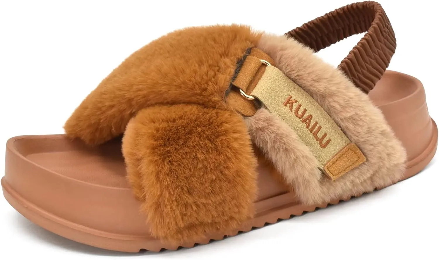 KuaiLu Womens Fuzzy Criss Cross Band Platform Slippers Arch Support Furry Faux Fur Ladies Open Toe Cozy Soft Plush Fleece Comfy House Shoes Sandals