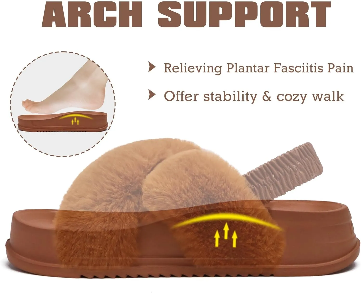 KuaiLu Womens Fuzzy Criss Cross Band Platform Slippers Arch Support Furry Faux Fur Ladies Open Toe Cozy Soft Plush Fleece Comfy House Shoes Sandals