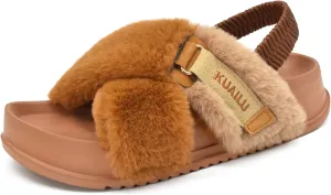 KuaiLu Womens Fuzzy Criss Cross Band Platform Slippers Arch Support Furry Faux Fur Ladies Open Toe Cozy Soft Plush Fleece Comfy House Shoes Sandals