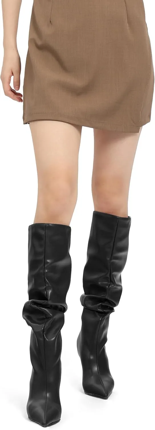 KUOARN Knee High Boots Women Stiletto High Heels Pointed Toe Wide Calf Boots for Women Comfortable Fashion Slouchy Tall Boots Pull on Dating Prom Party Dress Boots