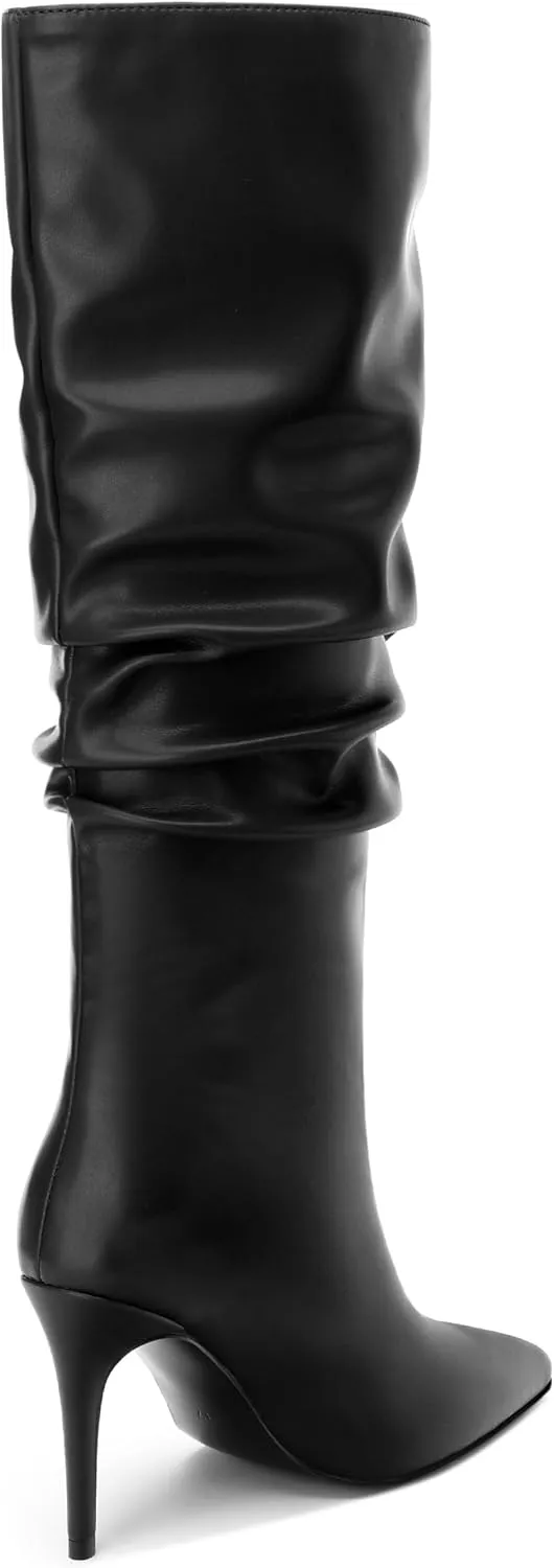 KUOARN Knee High Boots Women Stiletto High Heels Pointed Toe Wide Calf Boots for Women Comfortable Fashion Slouchy Tall Boots Pull on Dating Prom Party Dress Boots