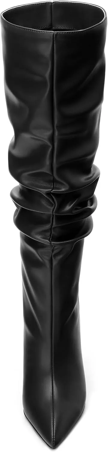 KUOARN Knee High Boots Women Stiletto High Heels Pointed Toe Wide Calf Boots for Women Comfortable Fashion Slouchy Tall Boots Pull on Dating Prom Party Dress Boots
