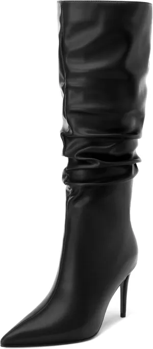 KUOARN Knee High Boots Women Stiletto High Heels Pointed Toe Wide Calf Boots for Women Comfortable Fashion Slouchy Tall Boots Pull on Dating Prom Party Dress Boots